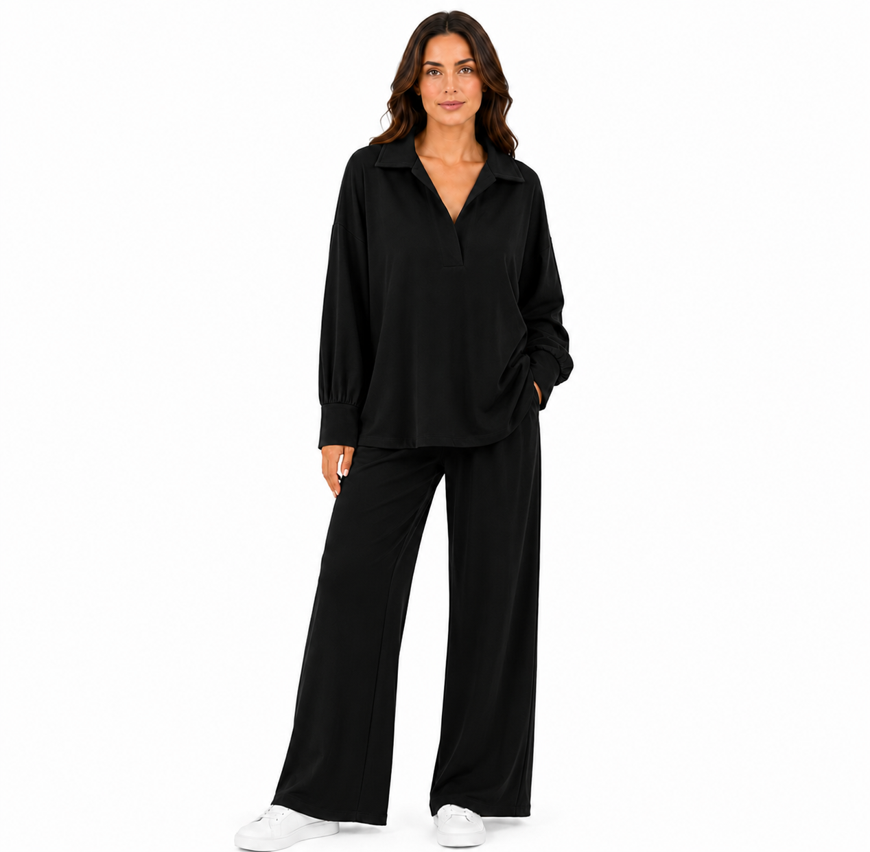 Ensemble Femme Oversize – Blouse Col V Manches Longues & Pantalon Fluide Large – Taille Unique 36 à 46