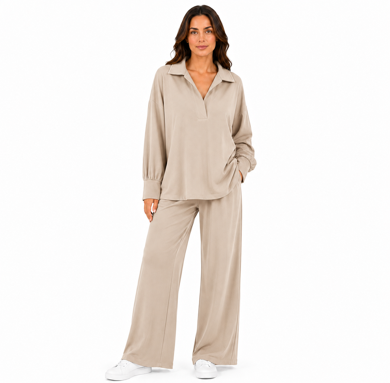 Ensemble Femme Oversize – Blouse Col V Manches Longues & Pantalon Fluide Large – Taille Unique 36 à 46