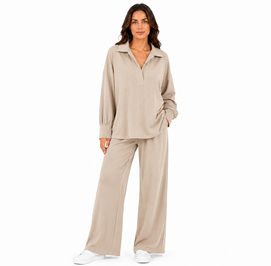 Ensemble Femme Oversize – Blouse Col V Manches Longues & Pantalon Fluide Large – Taille Unique 36 à 46