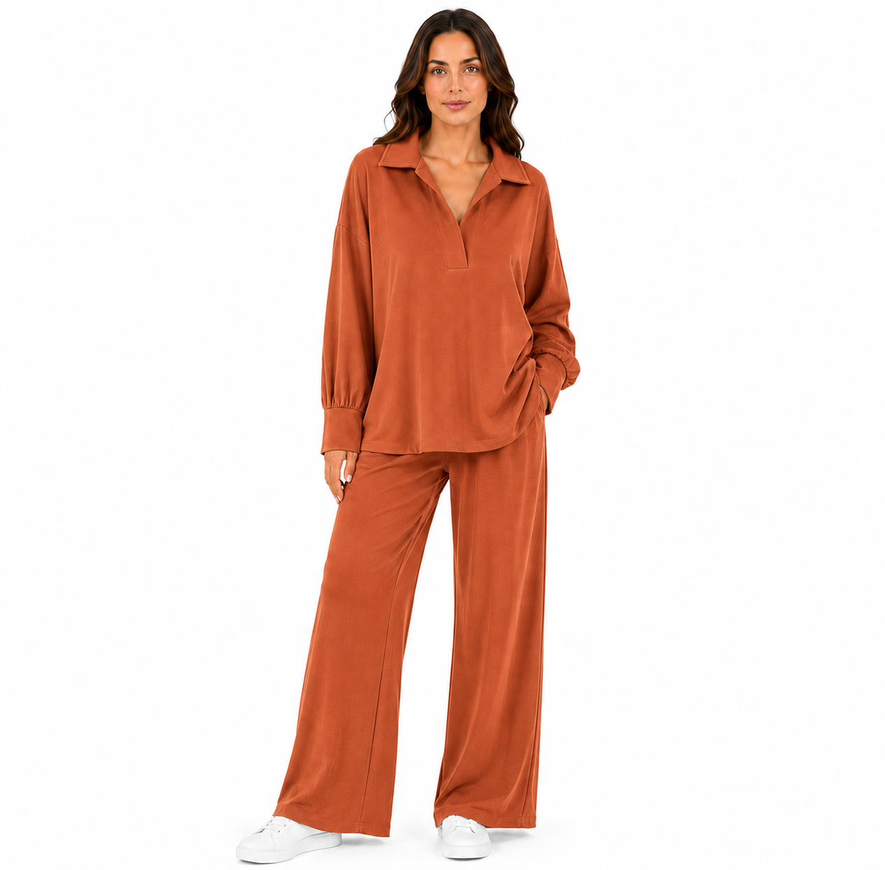Ensemble Femme Oversize – Blouse Col V Manches Longues & Pantalon Fluide Large – Taille Unique 36 à 46