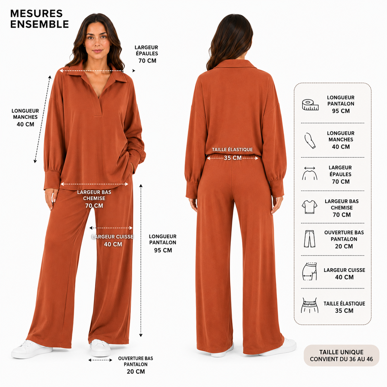 Ensemble Femme Oversize – Blouse Col V Manches Longues & Pantalon Fluide Large – Taille Unique 36 à 46