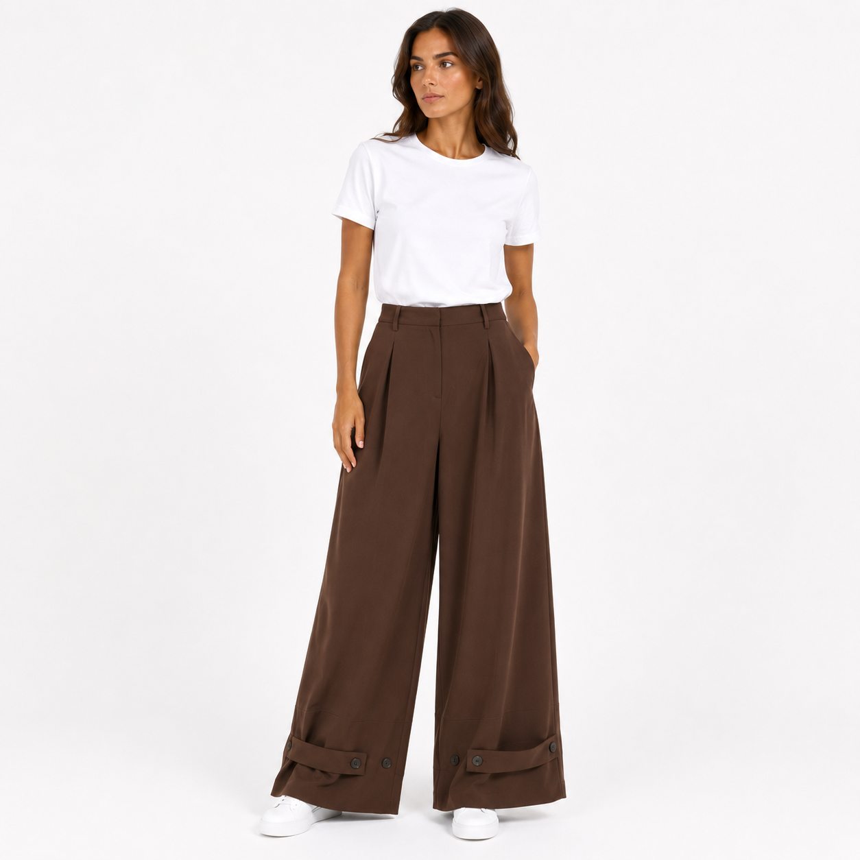 Pantalon Boutonnée Large Femme Fluide – Taille Haute, Jambes Amples avec Patte Boutonnée – Taille Unique 36 à 46
