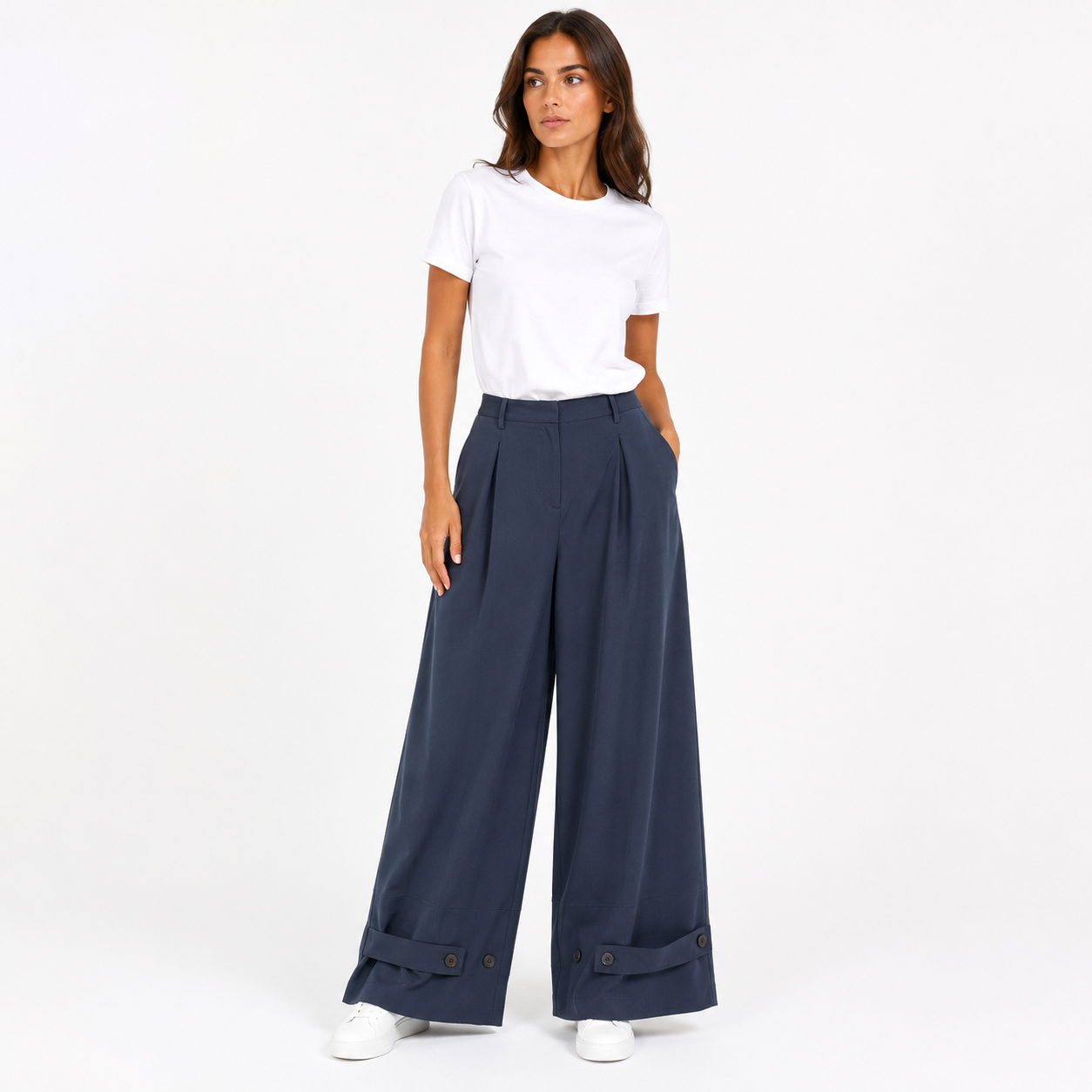 Pantalon Boutonnée Large Femme Fluide – Taille Haute, Jambes Amples avec Patte Boutonnée – Taille Unique 36 à 46
