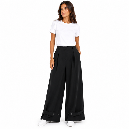 Pantalon Boutonnée Large Femme Fluide – Taille Haute, Jambes Amples avec Patte Boutonnée – Taille Unique 36 à 46