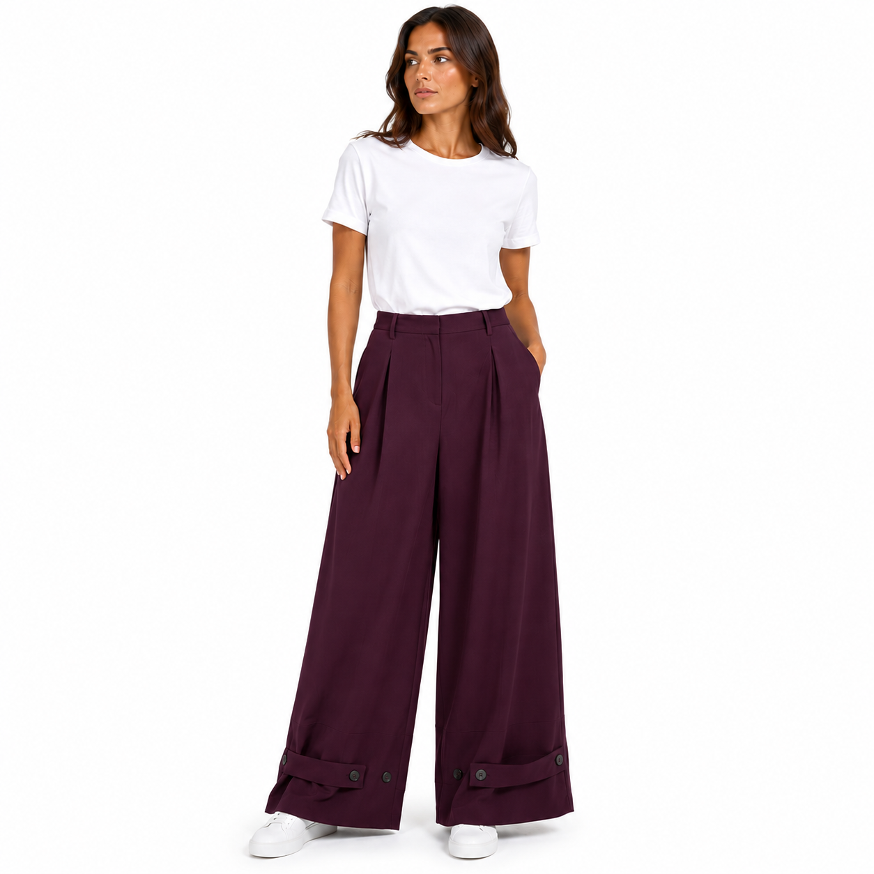 Pantalon Boutonnée Large Femme Fluide – Taille Haute, Jambes Amples avec Patte Boutonnée – Taille Unique 36 à 46