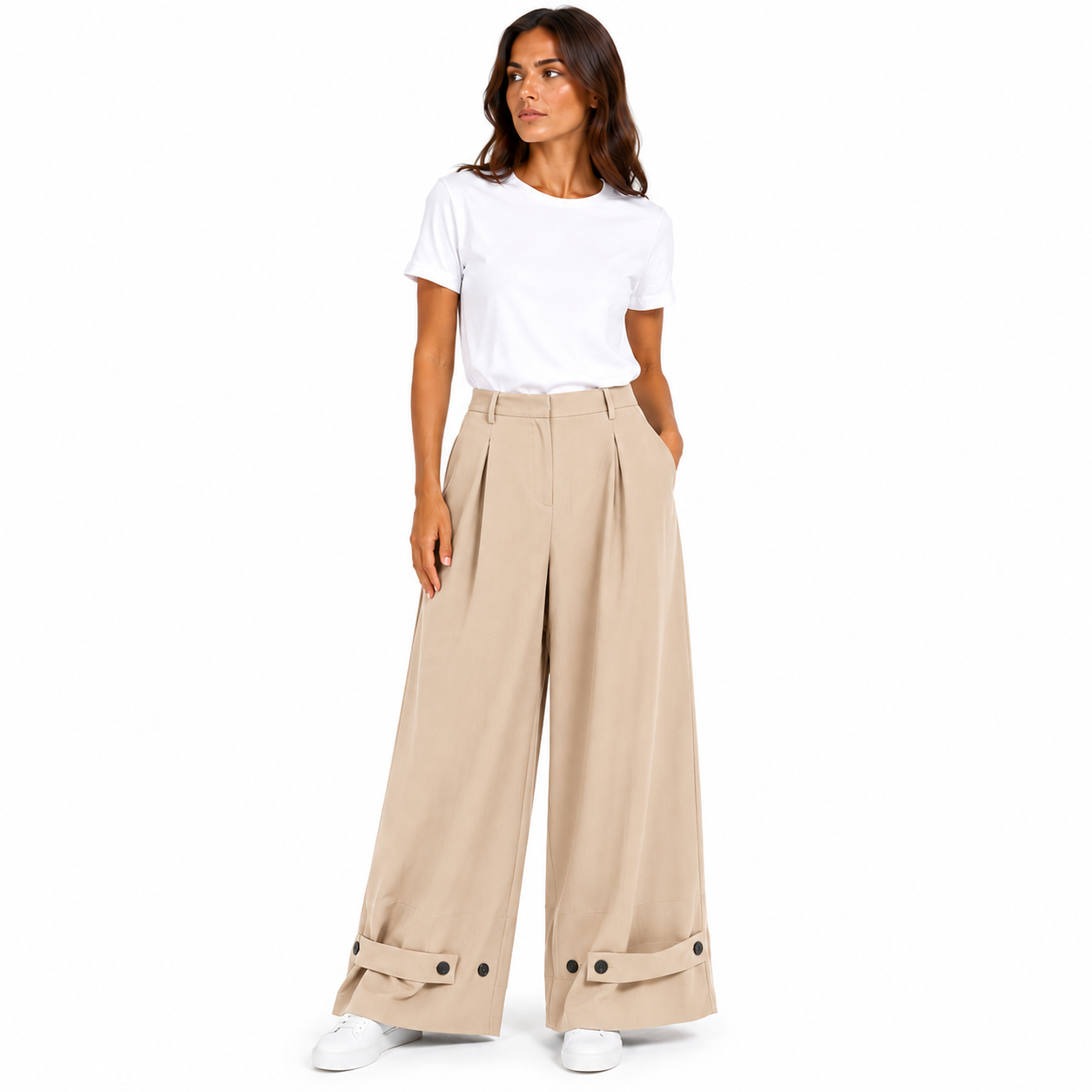 Pantalon Boutonnée Large Femme Fluide – Taille Haute, Jambes Amples avec Patte Boutonnée – Taille Unique 36 à 46