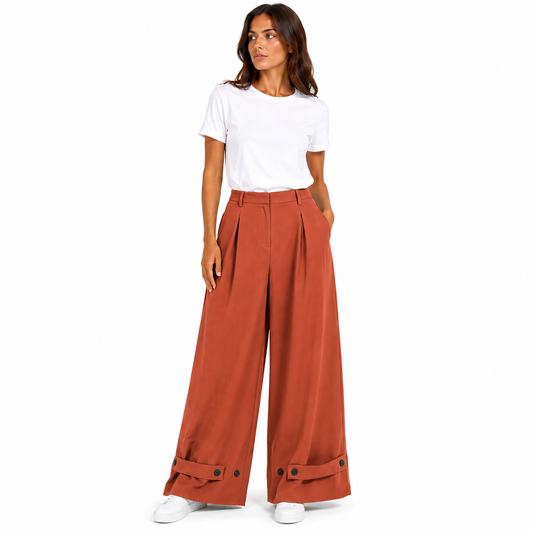 Pantalon Boutonnée Large Femme Fluide – Taille Haute, Jambes Amples avec Patte Boutonnée – Taille Unique