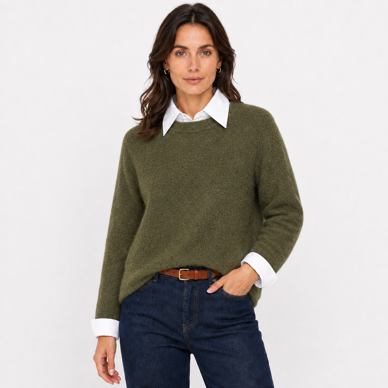 Pull Femme en Maille Douce Effet Chemise avec Col et Poignets Blancs