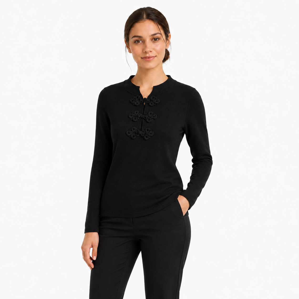 Pull Femme en Maille Fine à Attaches Chinoises Décoratives