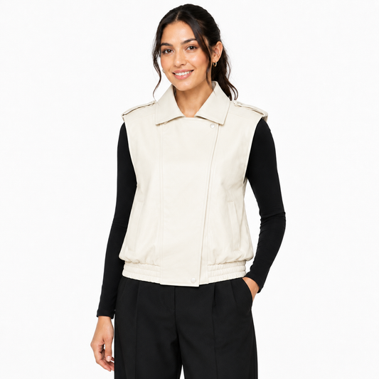 Gilet Motard Sans Manches en Similicuir Grainé