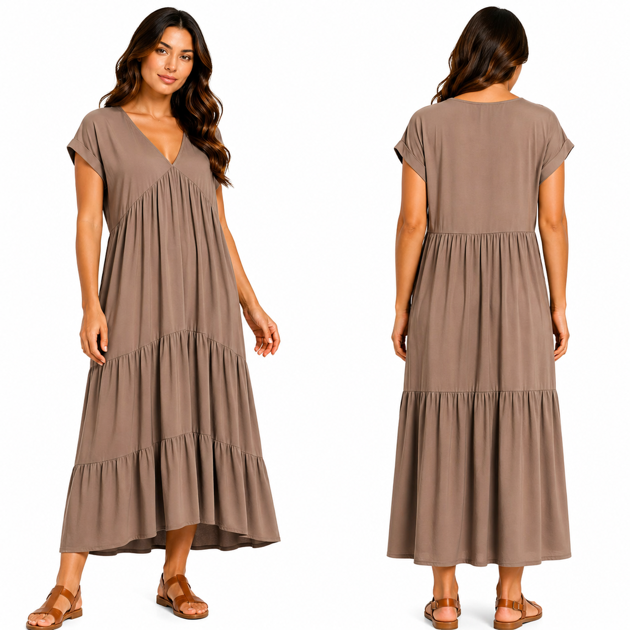 Robe Longue Fluide Femme 3 Volants – Col V Élégant & Coupe Ample Taille Unique
