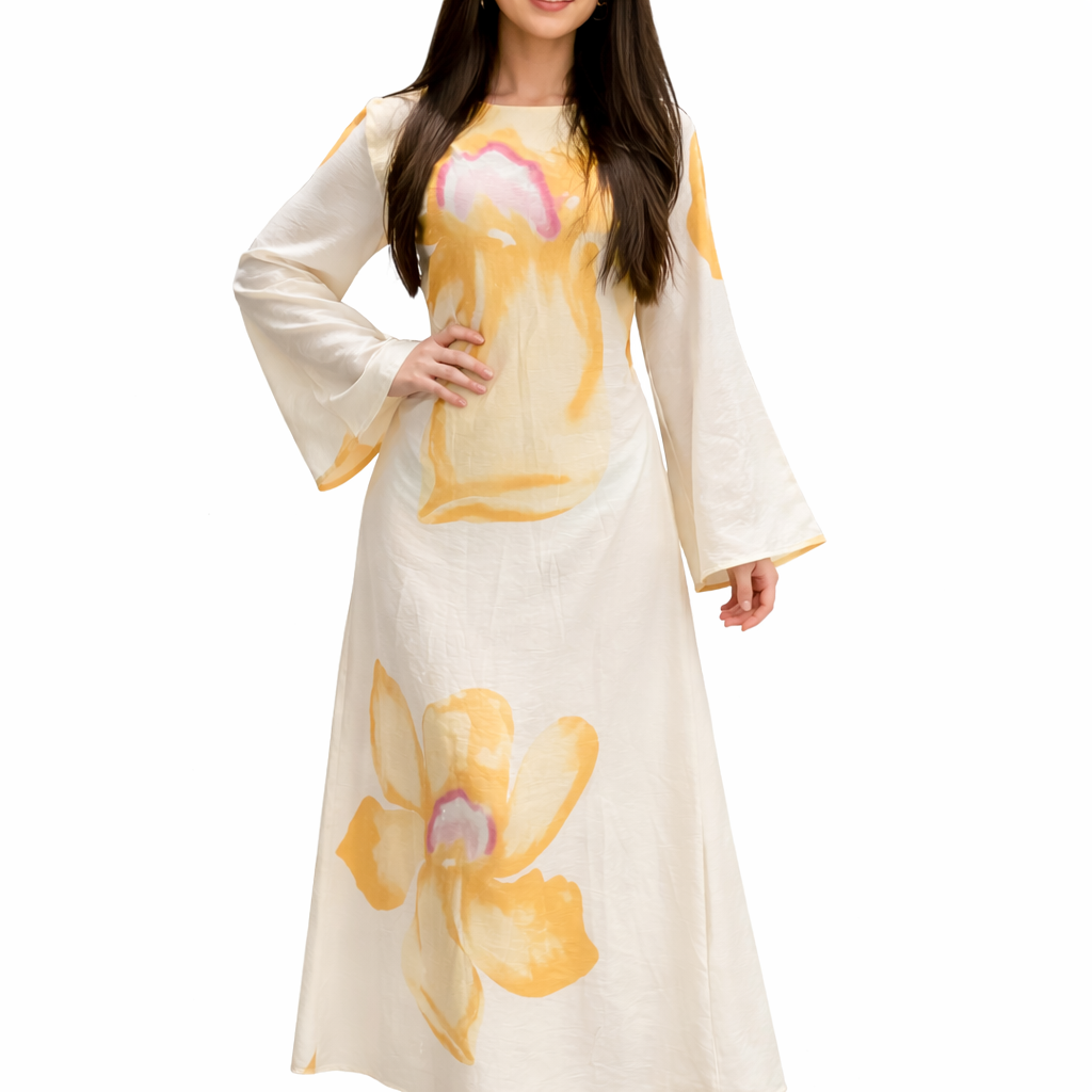 Robe Longue Fluide Femme – Motif Fleur XXL – Coupe Évasée Chic – Taille Unique