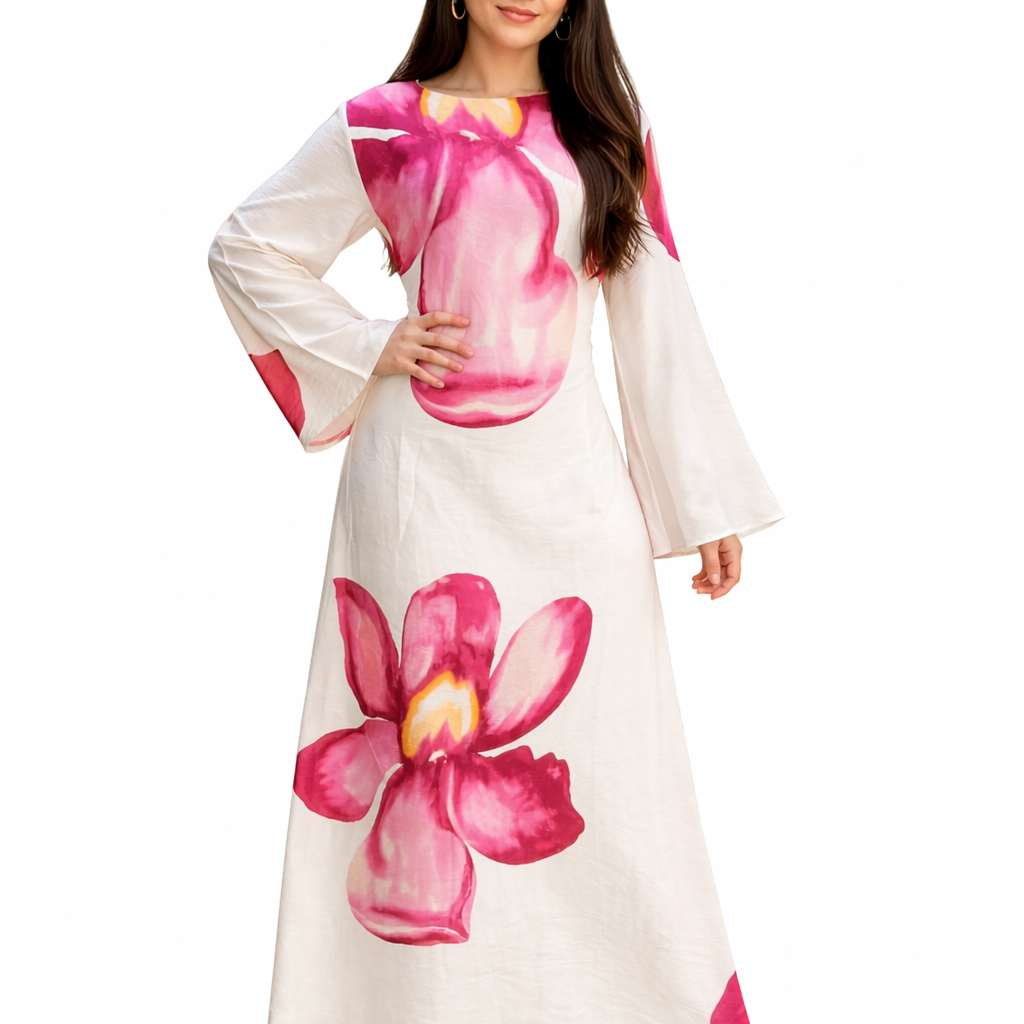 Robe Longue Fluide Femme – Motif Fleur XXL – Coupe Évasée Chic – Taille Unique