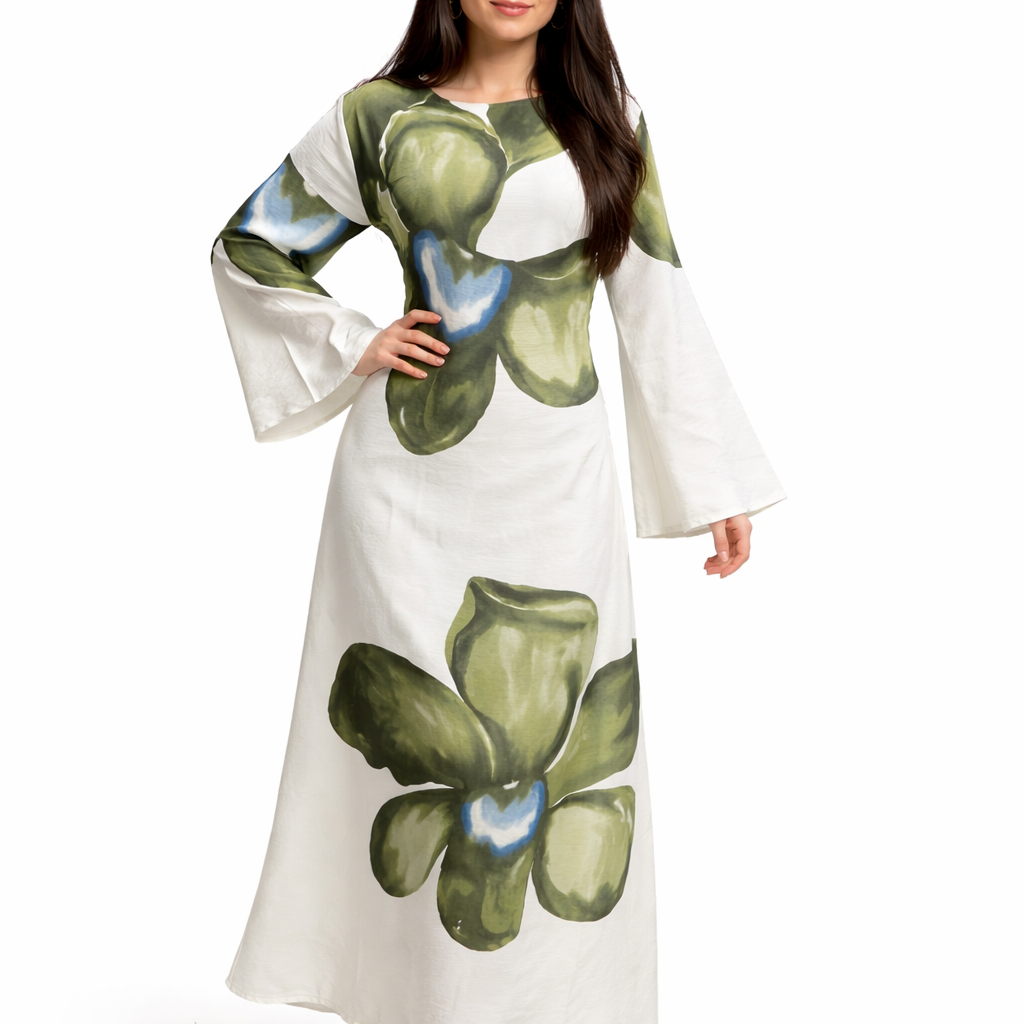 Robe Longue Fluide Femme – Motif Fleur XXL – Coupe Évasée Chic – Taille Unique