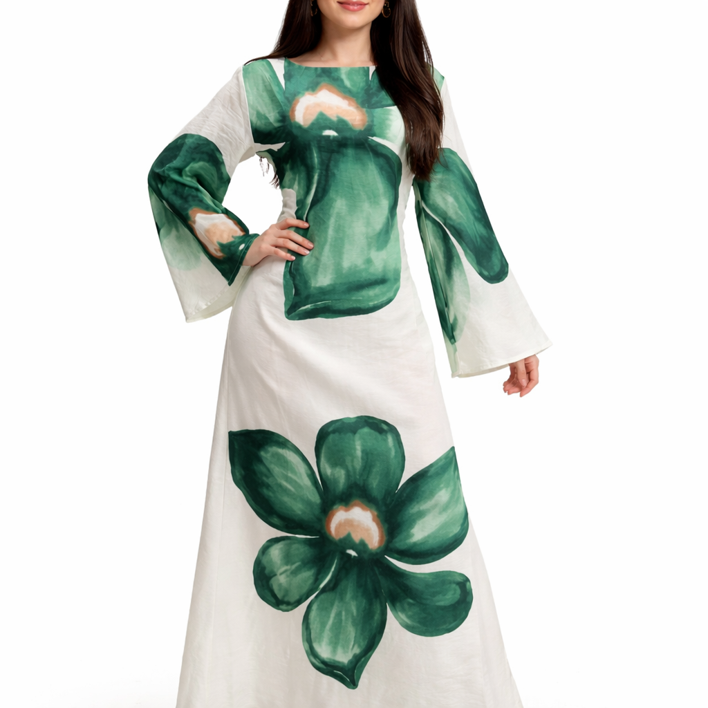 Robe Longue Fluide Femme – Motif Fleur XXL – Coupe Évasée Chic – Taille Unique