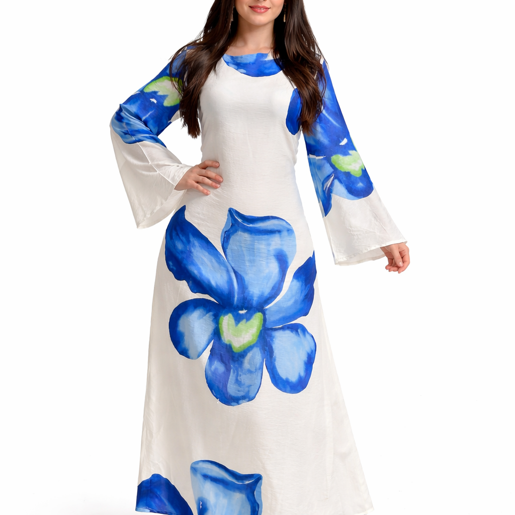 Robe Longue Fluide Femme – Motif Fleur XXL – Coupe Évasée Chic – Taille Unique