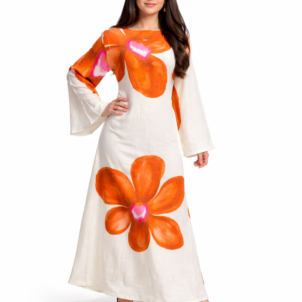 Robe Longue Fluide Femme – Motif Fleur XXL – Coupe Évasée Chic – Taille Unique