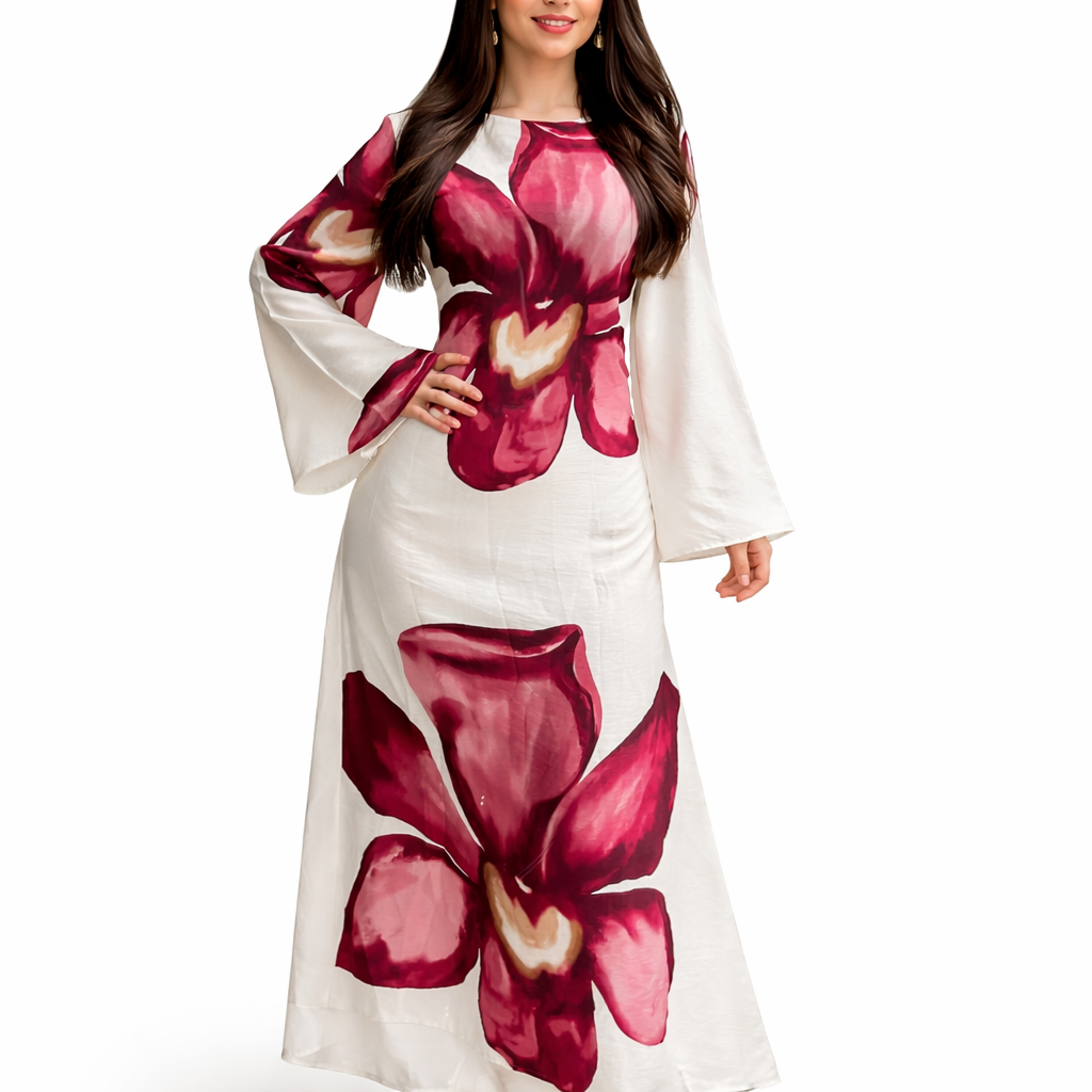 Robe Longue Fluide Femme – Motif Fleur XXL – Coupe Évasée Chic – Taille Unique