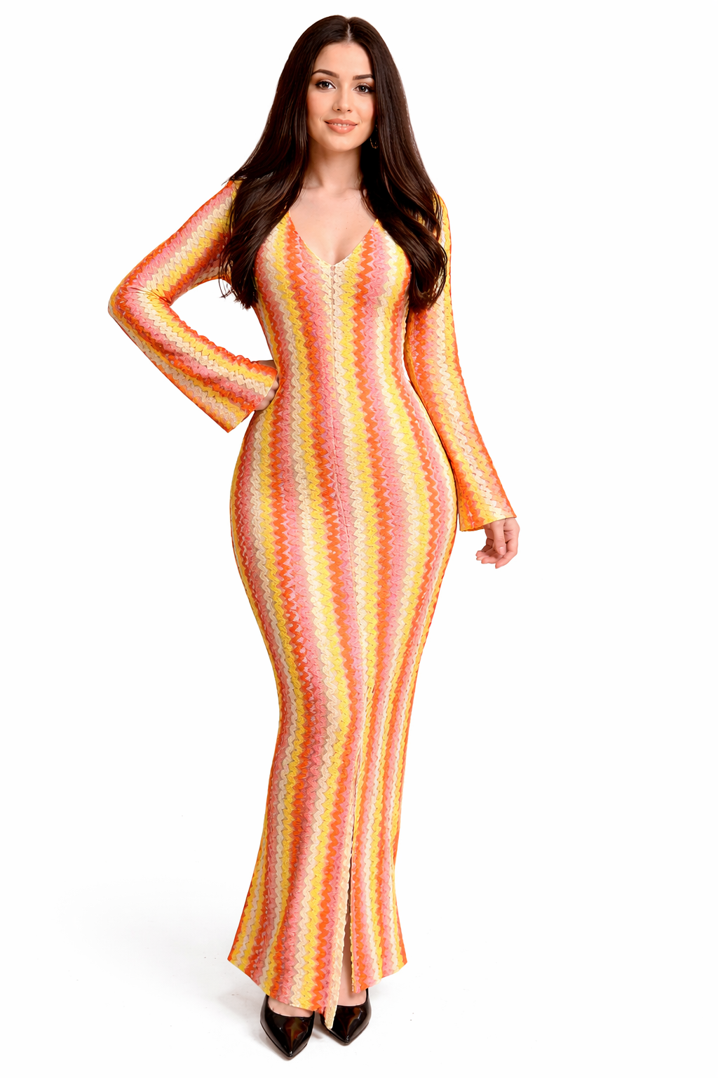 Robe Longue Femme Motif Coloré – Coupe Ajustée Élégante – Manches Longues – Style Tendance Été