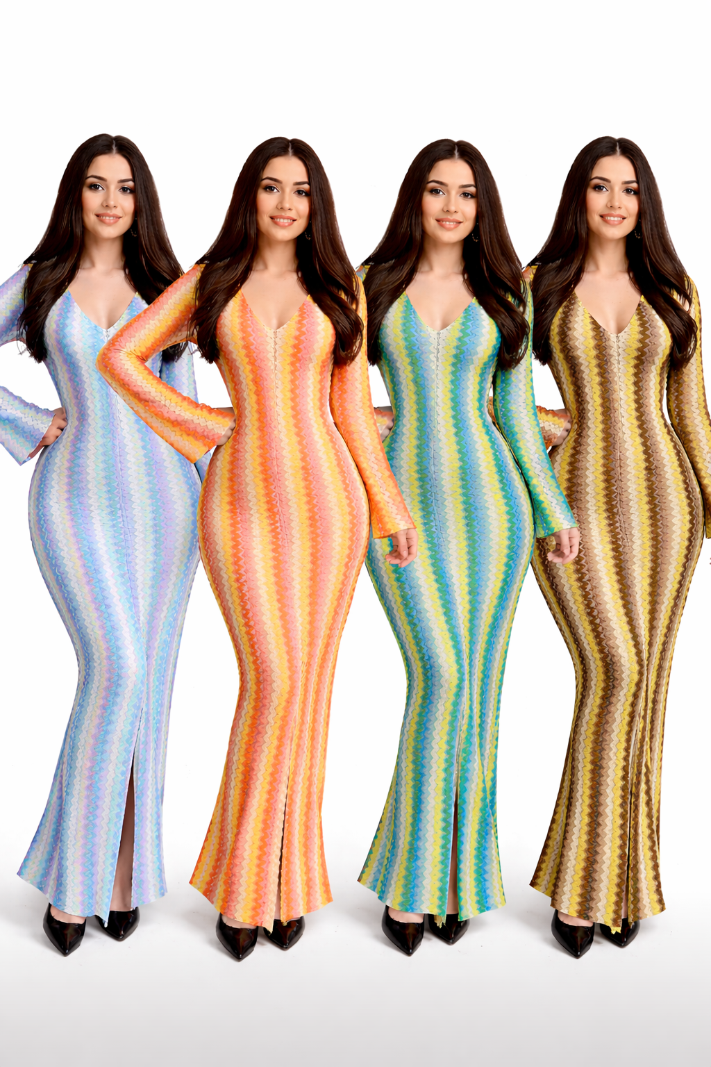 Robe Longue Femme Motif Coloré – Coupe Ajustée Élégante – Manches Longues – Style Tendance Été