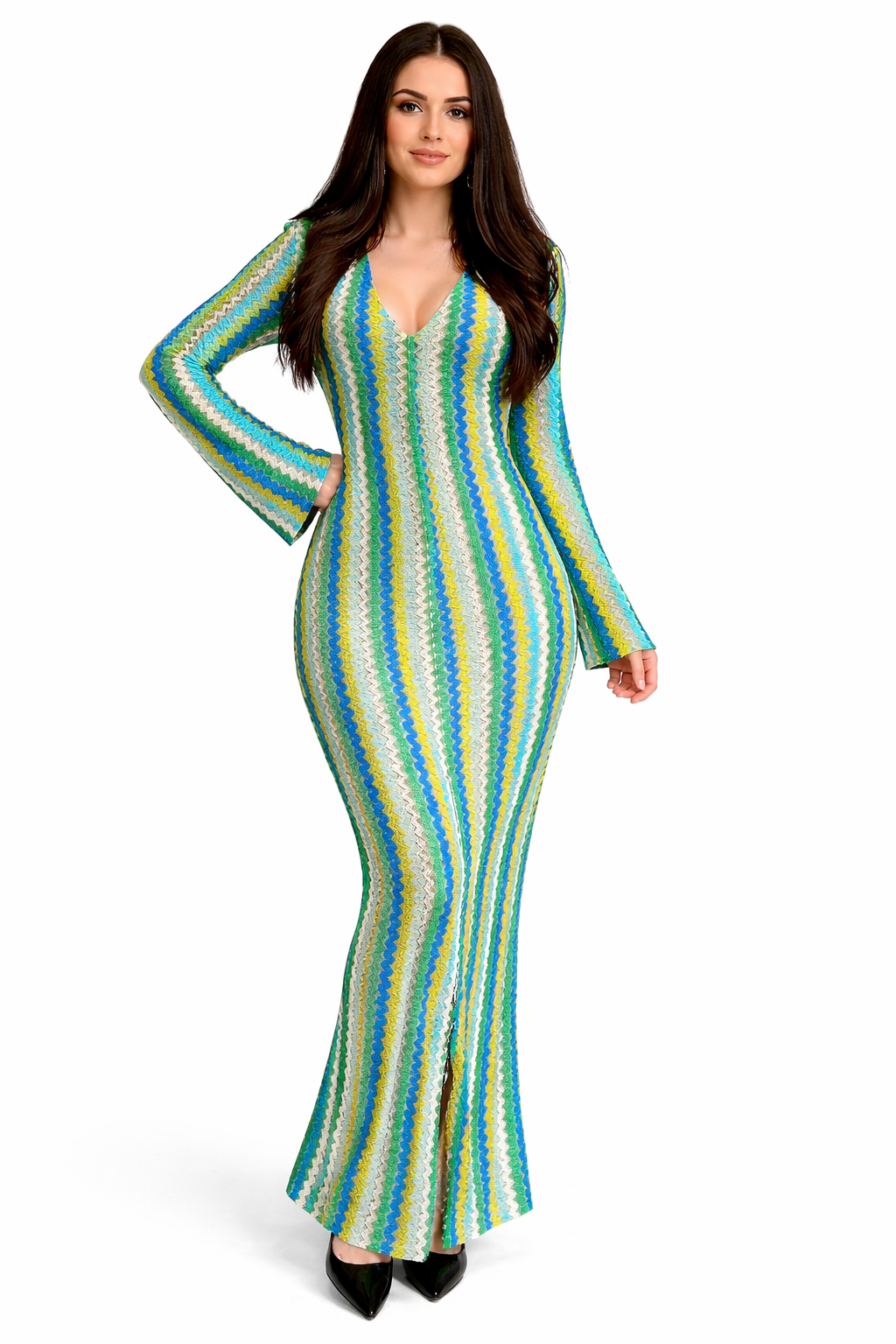 Robe Longue Femme Motif Coloré – Coupe Ajustée Élégante – Manches Longues – Style Tendance Été