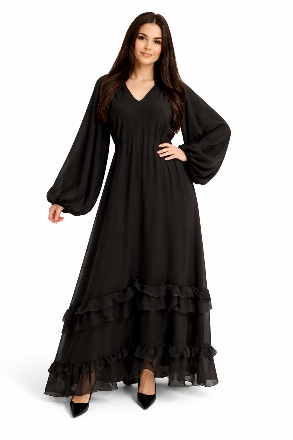 Langes, fließendes Kleid mit weiten Ärmeln für Damen – eleganter Schnitt – leichter Stoff – Frühjahr/Sommer Kollektion – verschiedene Farben