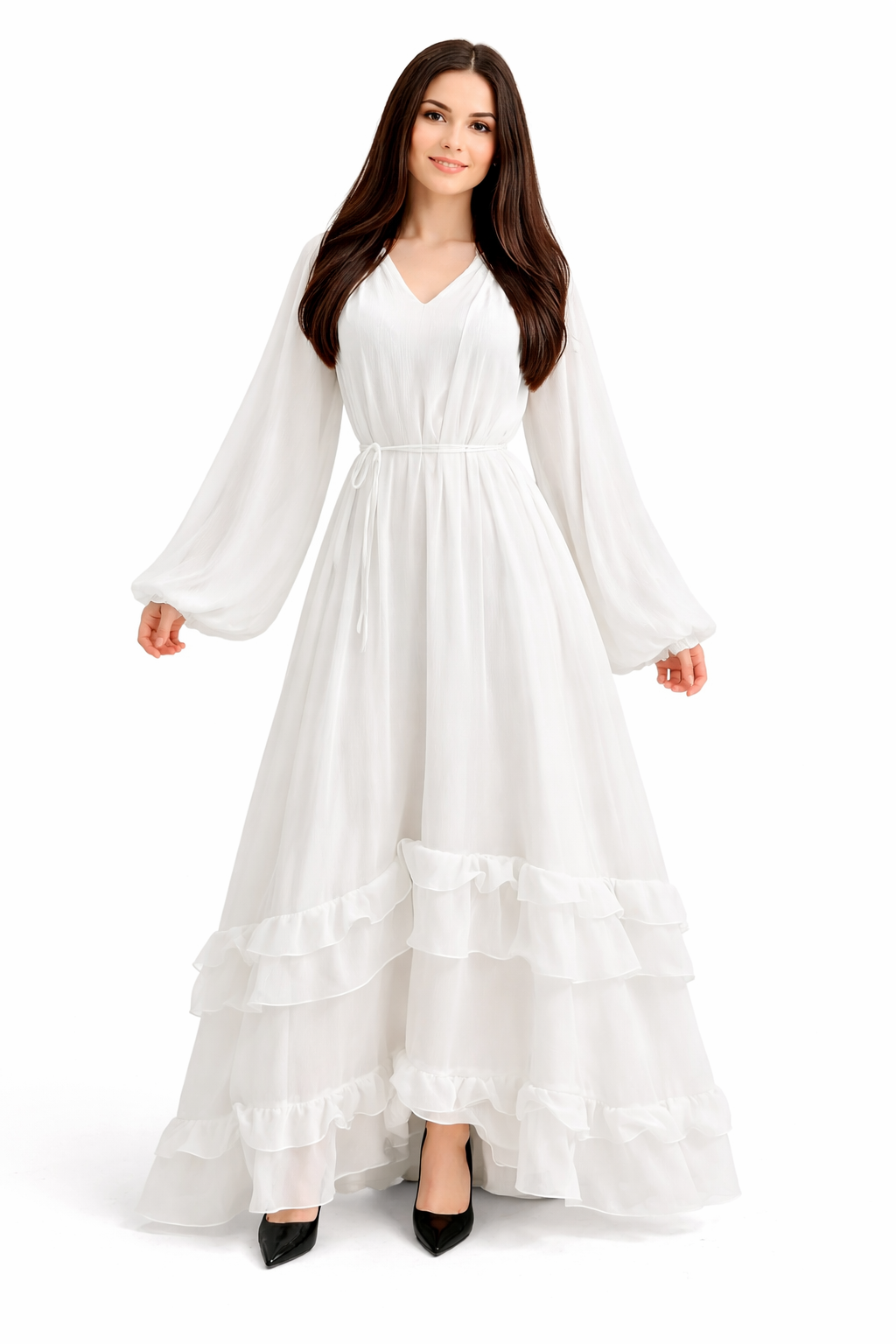 Langes, fließendes Kleid mit weiten Ärmeln für Damen – eleganter Schnitt – leichter Stoff – Frühjahr/Sommer Kollektion – verschiedene Farben