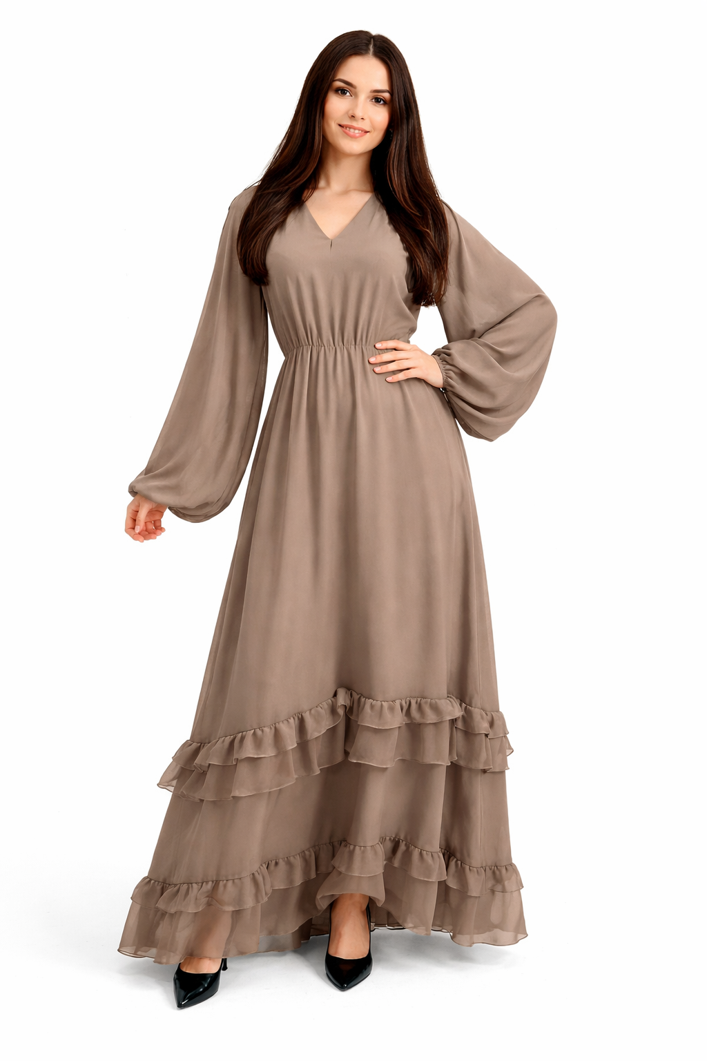 Langes, fließendes Kleid mit weiten Ärmeln für Damen – eleganter Schnitt – leichter Stoff – Frühjahr/Sommer Kollektion – verschiedene Farben