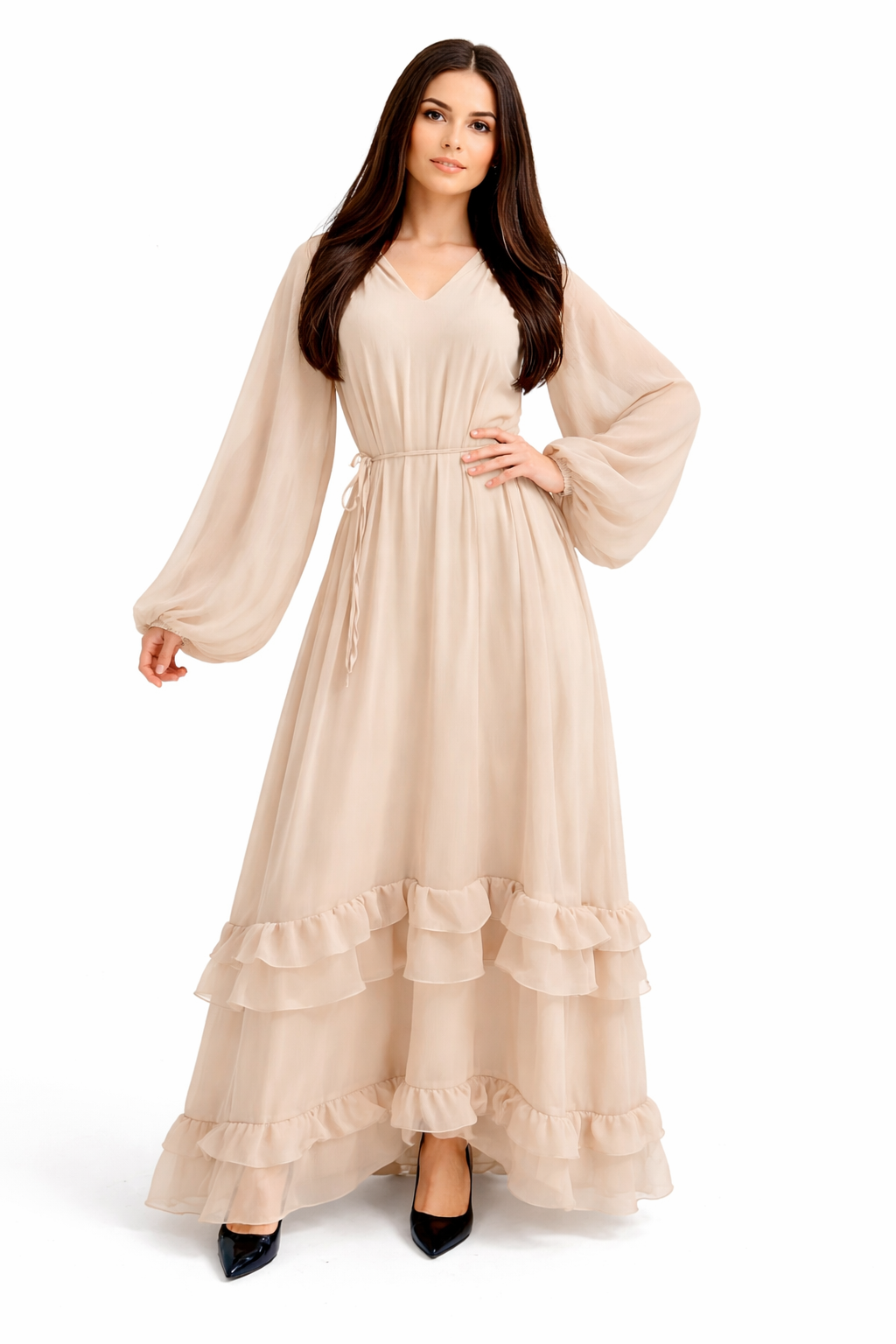 Langes, fließendes Kleid mit weiten Ärmeln für Damen – eleganter Schnitt – leichter Stoff – Frühjahr/Sommer Kollektion – verschiedene Farben