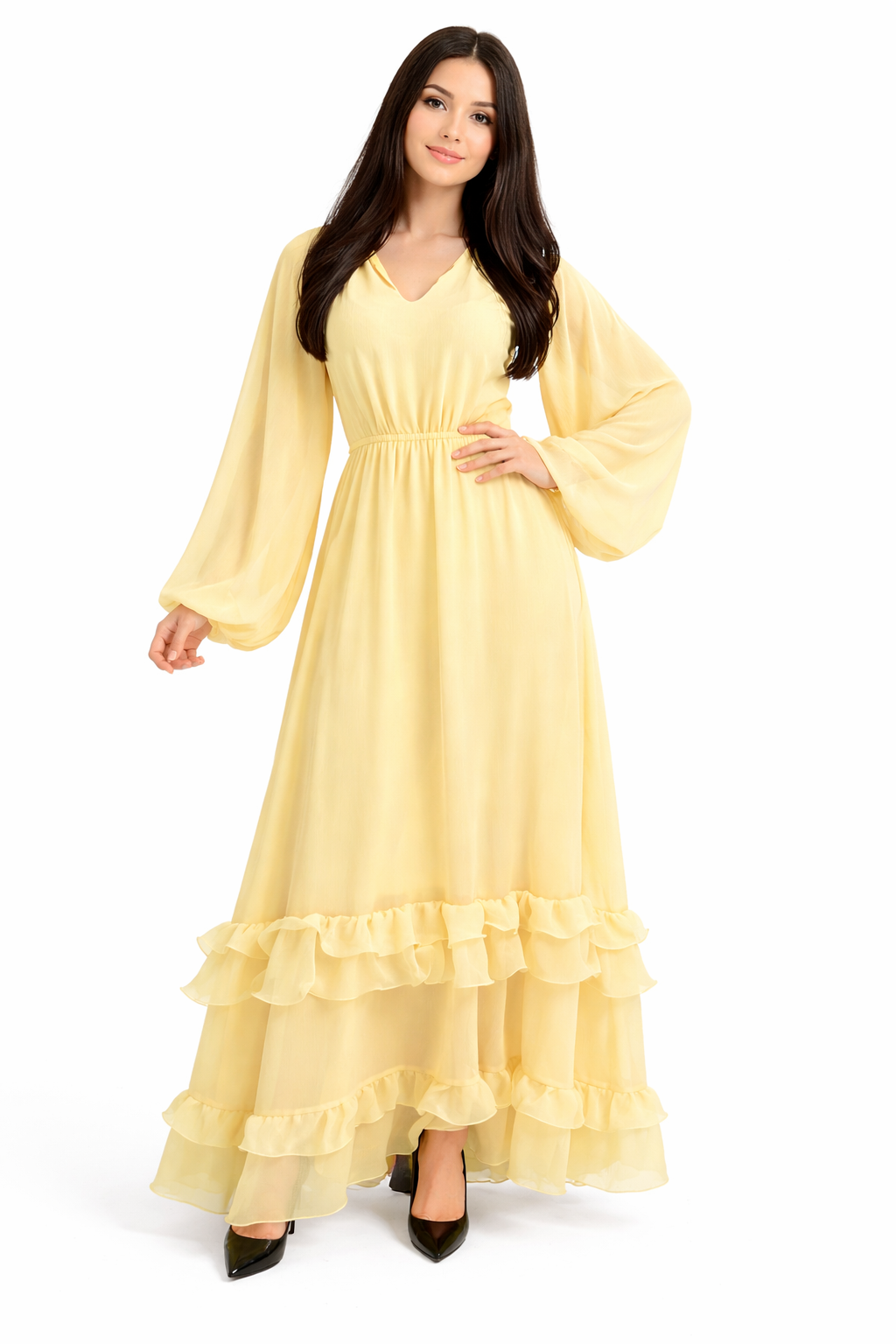 Langes, fließendes Kleid mit weiten Ärmeln für Damen – eleganter Schnitt – leichter Stoff – Frühjahr/Sommer Kollektion – verschiedene Farben