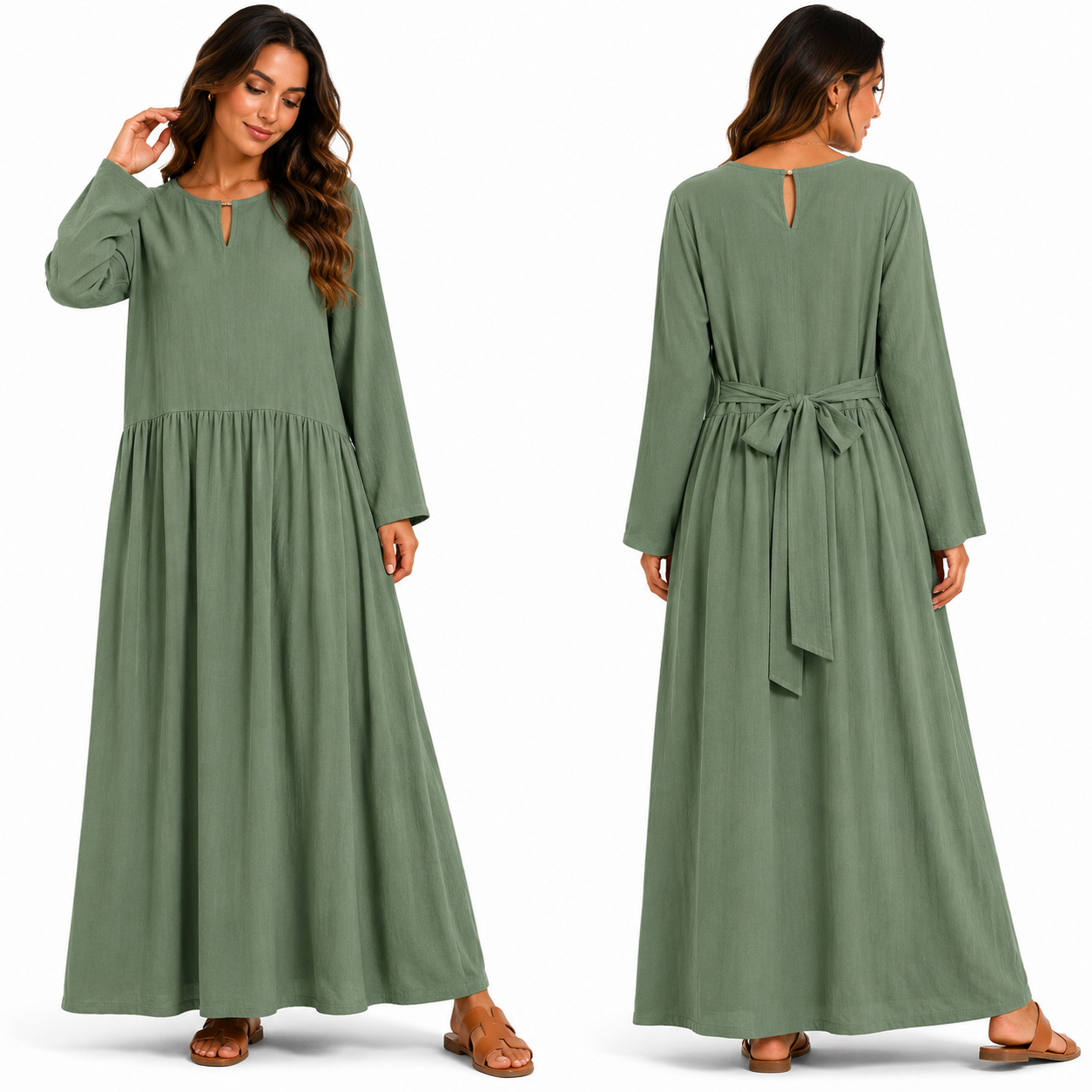 Robe Longue Fluide Vert Pistache avec Ceinture au Dos – Coupe Ample et Élégante