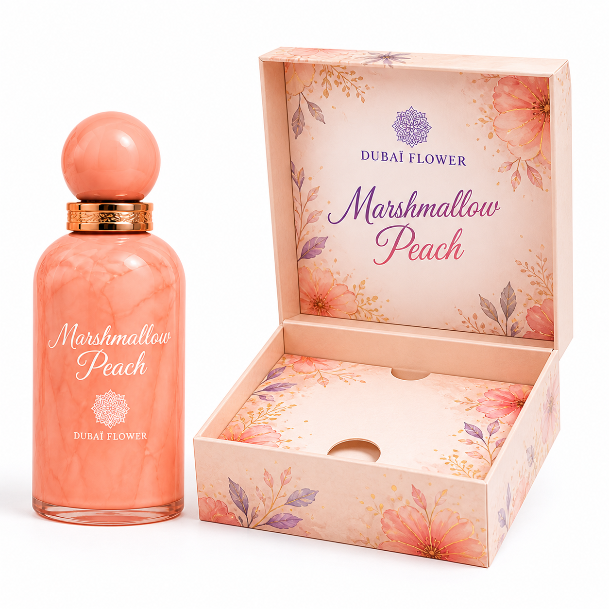 Parfum Marshmallow Peach Dubai Flower – Eau de Parfum Sucrée Gourmande Pêche Vanille 100ml Longue Tenue