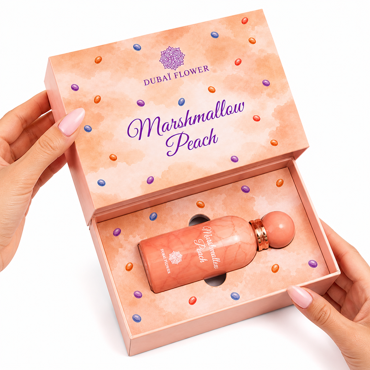 Parfum Marshmallow Peach Dubai Flower – Eau de Parfum Sucrée Gourmande Pêche Vanille 100ml Longue Tenue