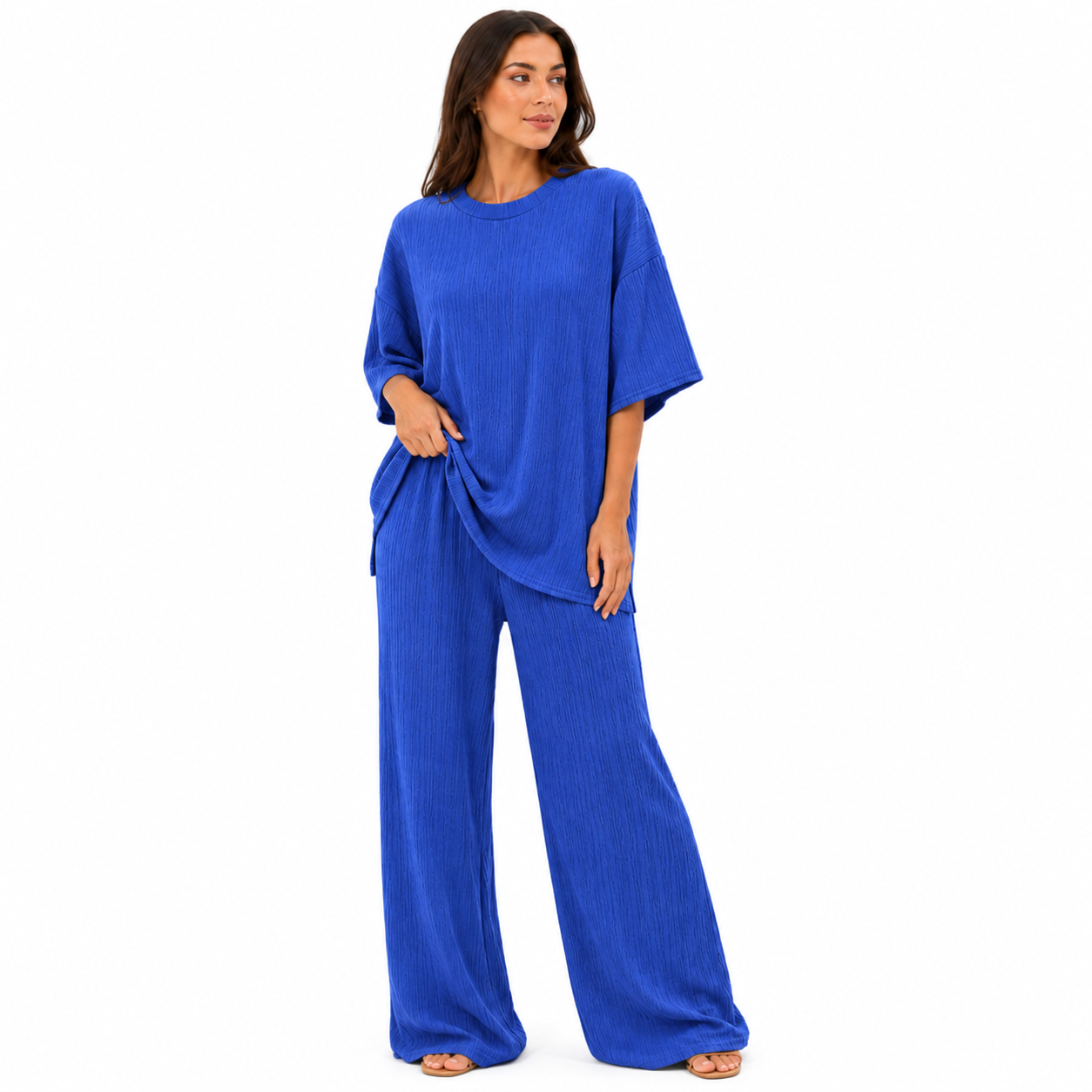 Ensemble Femme Chic Texturé – T-shirt & Pantalon Fluide
