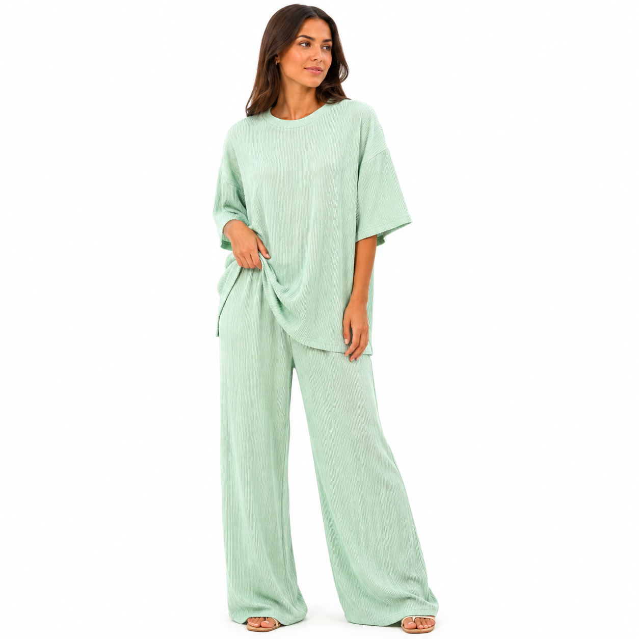 Ensemble Femme Chic Texturé – T-shirt & Pantalon Fluide