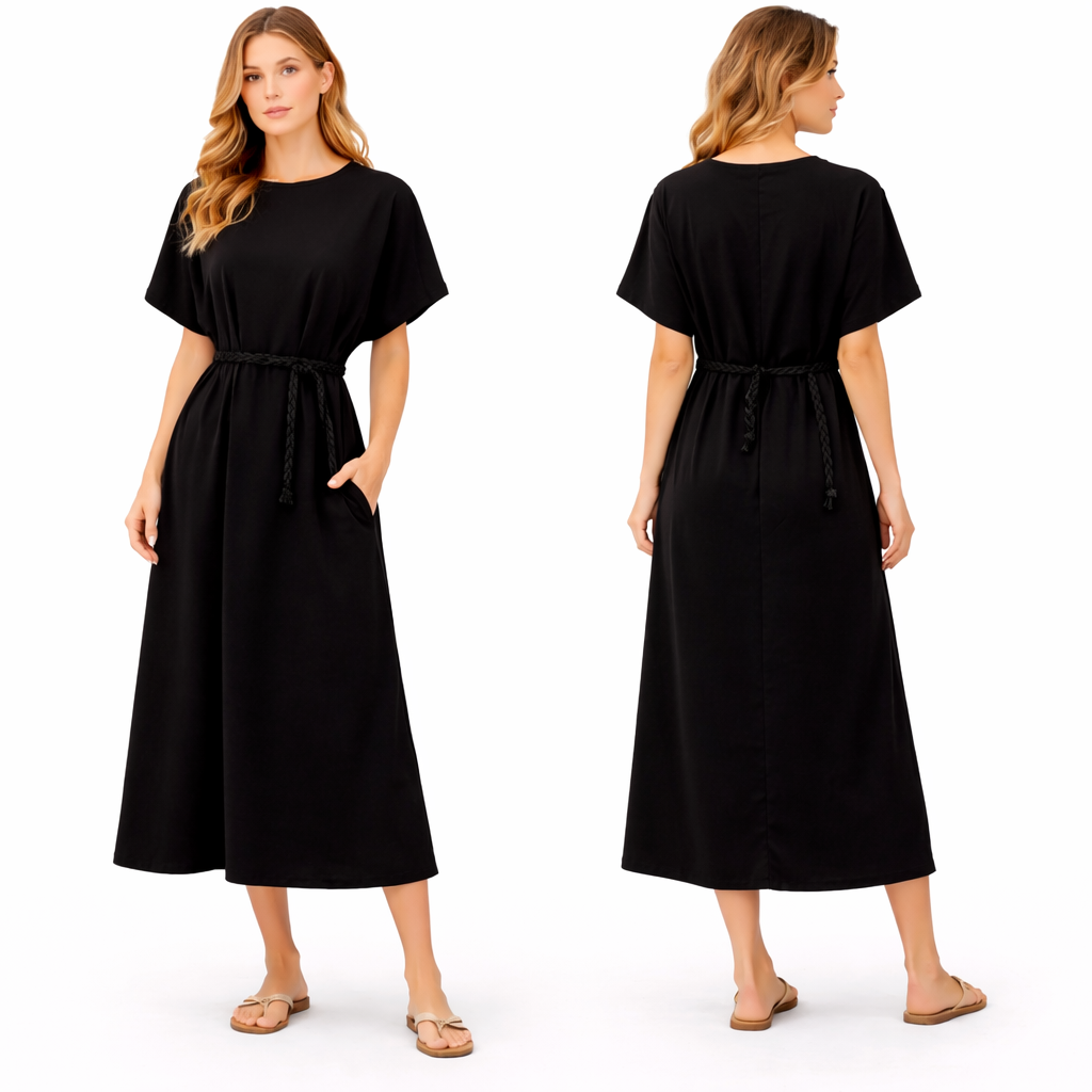 Vestido mujer oversize mangas cortas con cinturón para anudar y bolsillos laterales corte fluido cómodo