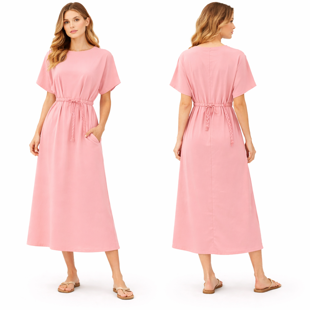 Vestido mujer oversize mangas cortas con cinturón para anudar y bolsillos laterales corte fluido cómodo