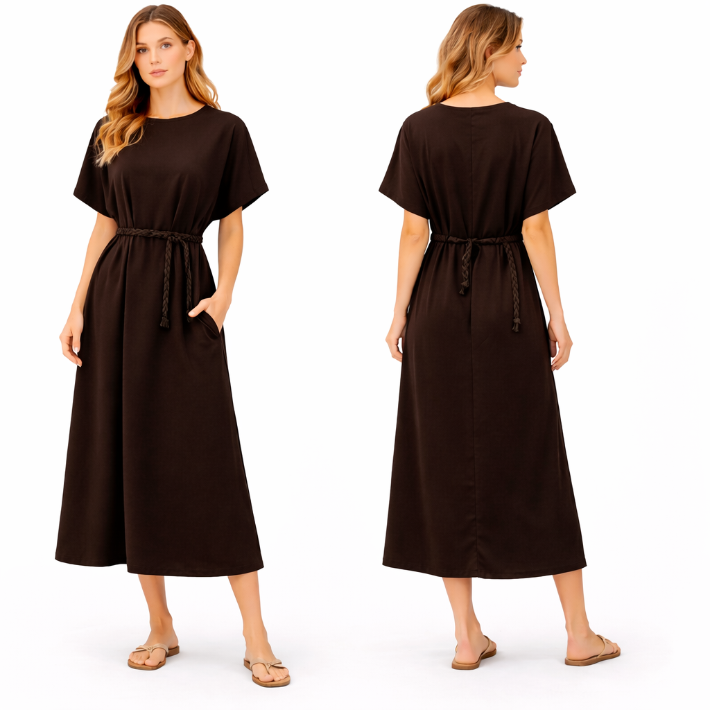 Vestido mujer oversize mangas cortas con cinturón para anudar y bolsillos laterales corte fluido cómodo