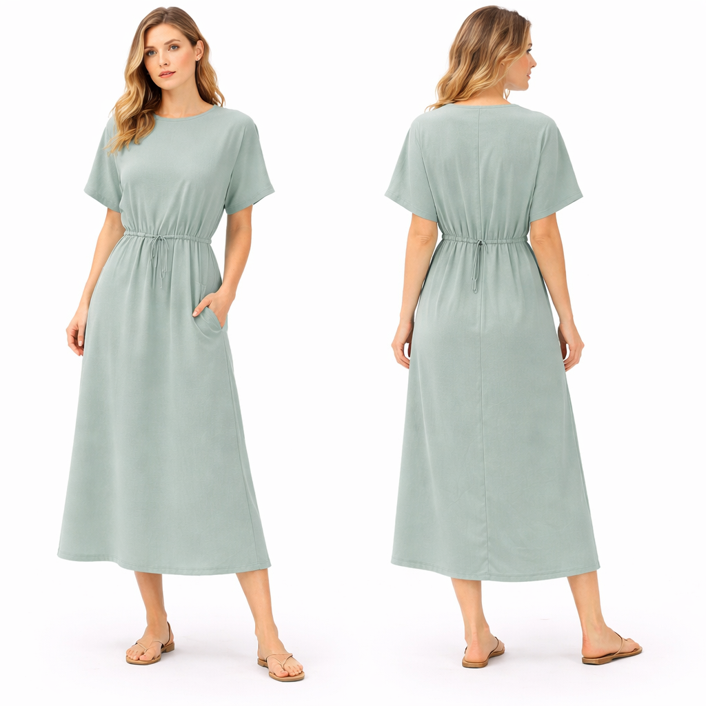 Vestido mujer oversize mangas cortas con cinturón para anudar y bolsillos laterales corte fluido cómodo
