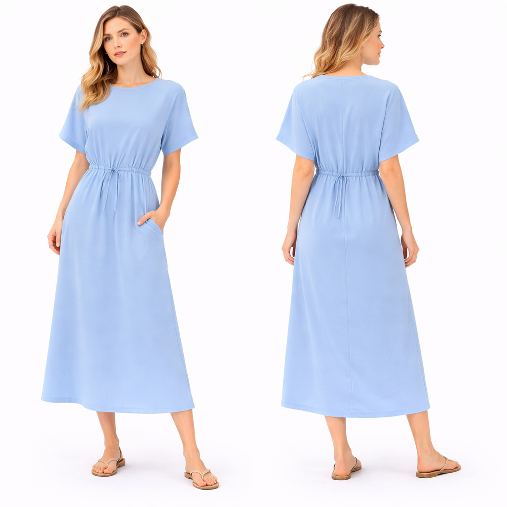 Vestido mujer oversize mangas cortas con cinturón para anudar y bolsillos laterales corte fluido cómodo