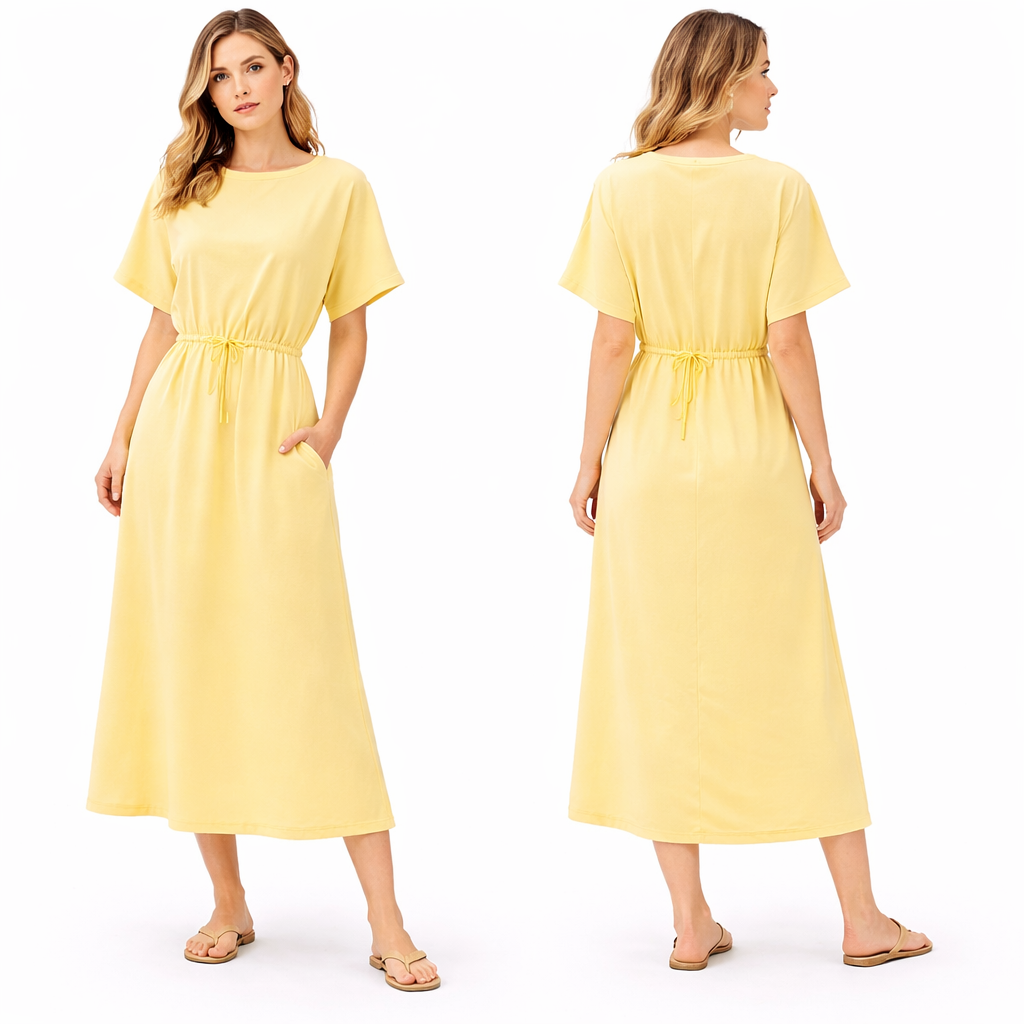 Vestido mujer oversize mangas cortas con cinturón para anudar y bolsillos laterales corte fluido cómodo