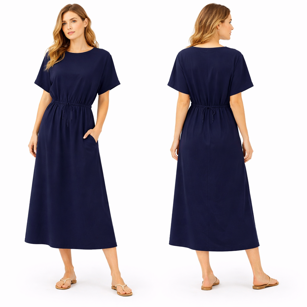 Vestido mujer oversize mangas cortas con cinturón para anudar y bolsillos laterales corte fluido cómodo