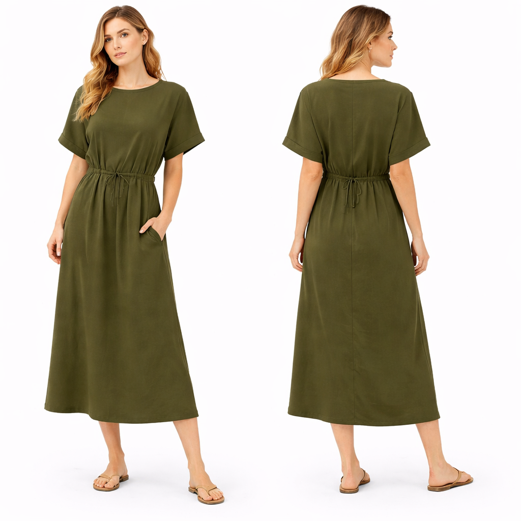 Vestido mujer oversize mangas cortas con cinturón para anudar y bolsillos laterales corte fluido cómodo