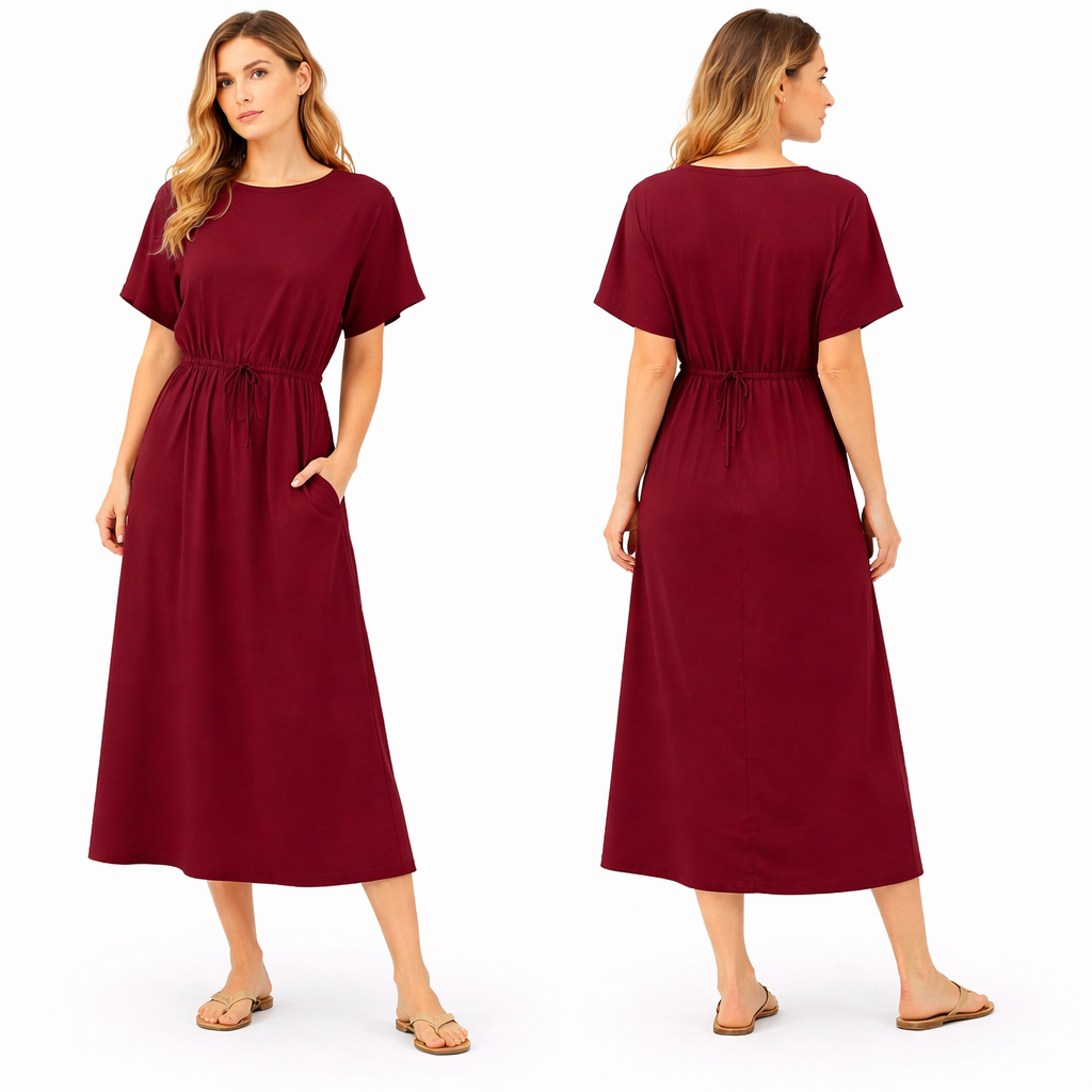 Vestido mujer oversize mangas cortas con cinturón para anudar y bolsillos laterales corte fluido cómodo