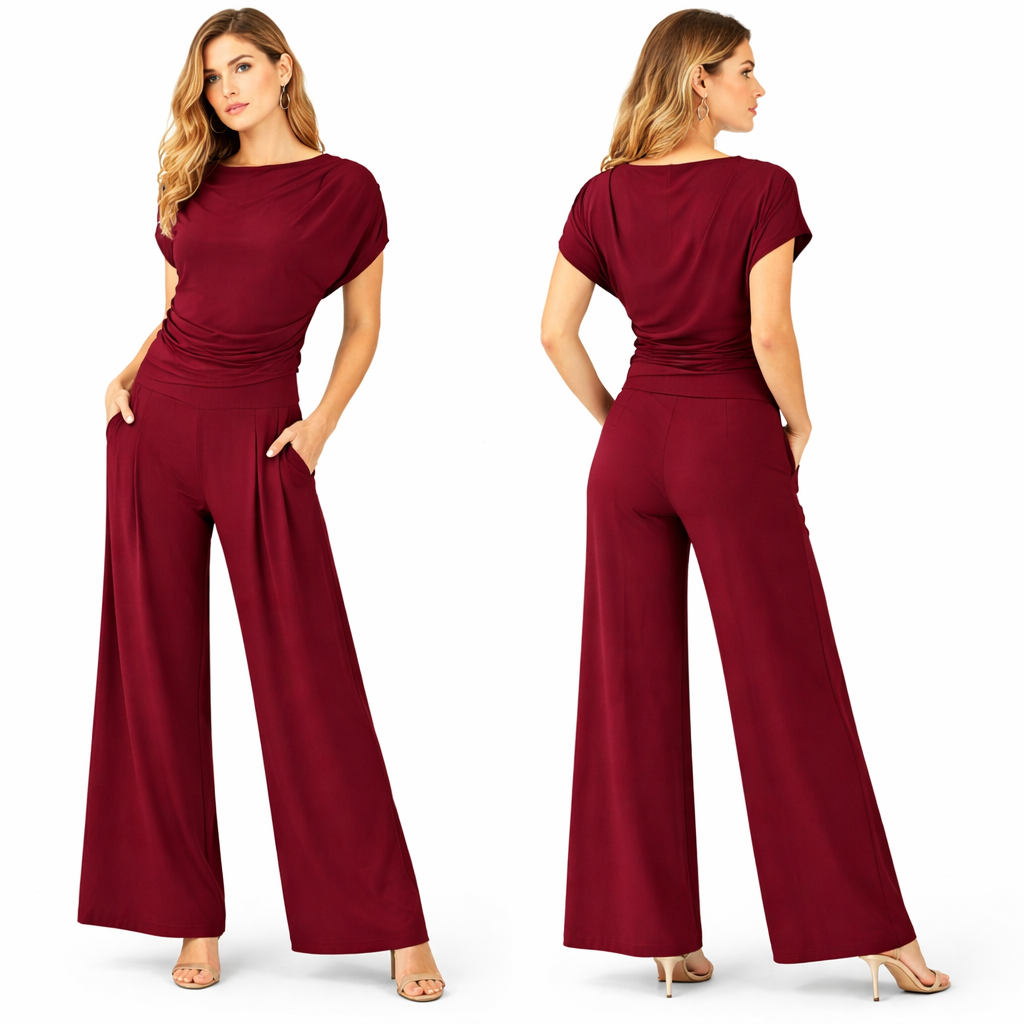 Ensemble femme haut drapé manches courtes et pantalon large taille haute coupe fluide confortable