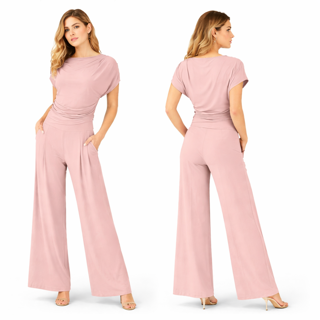 Ensemble femme haut drapé manches courtes et pantalon large taille haute coupe fluide confortable