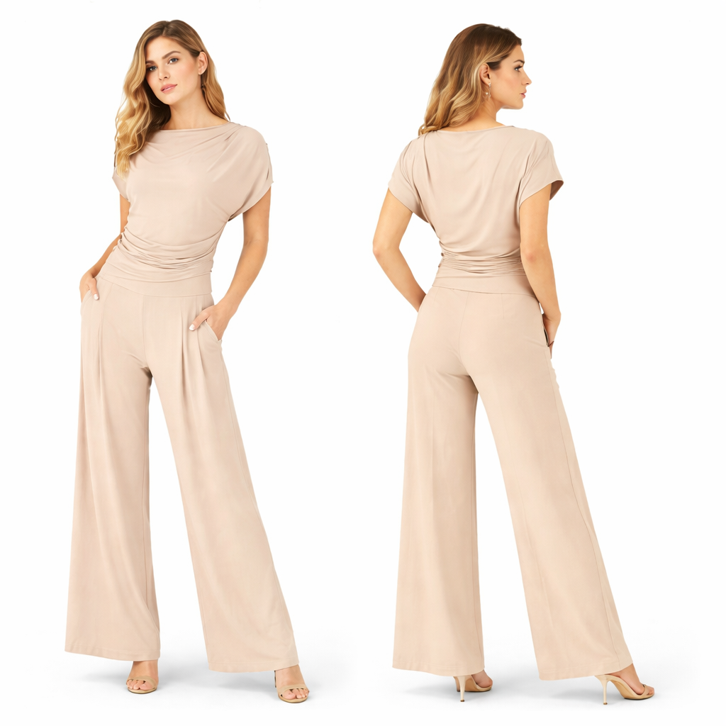 Ensemble femme haut drapé manches courtes et pantalon large taille haute coupe fluide confortable