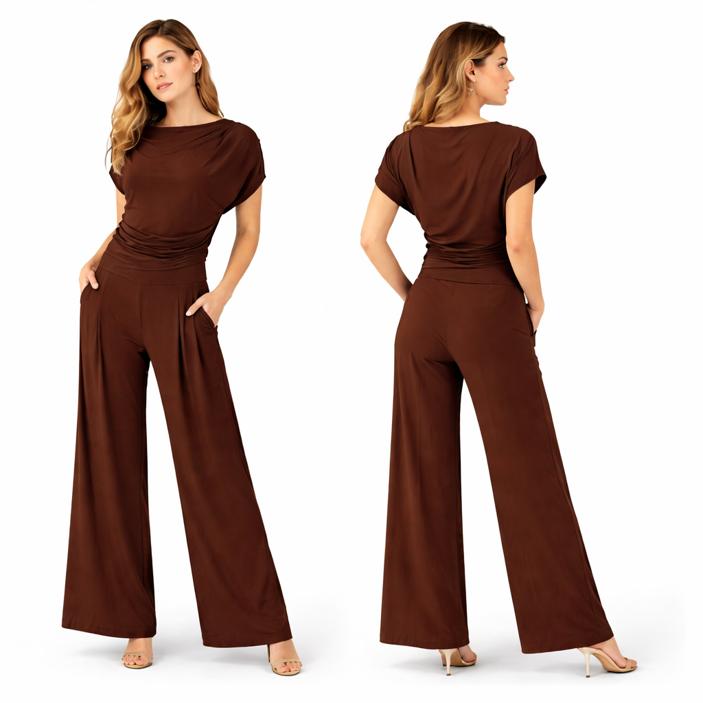Ensemble femme haut drapé manches courtes et pantalon large taille haute coupe fluide confortable