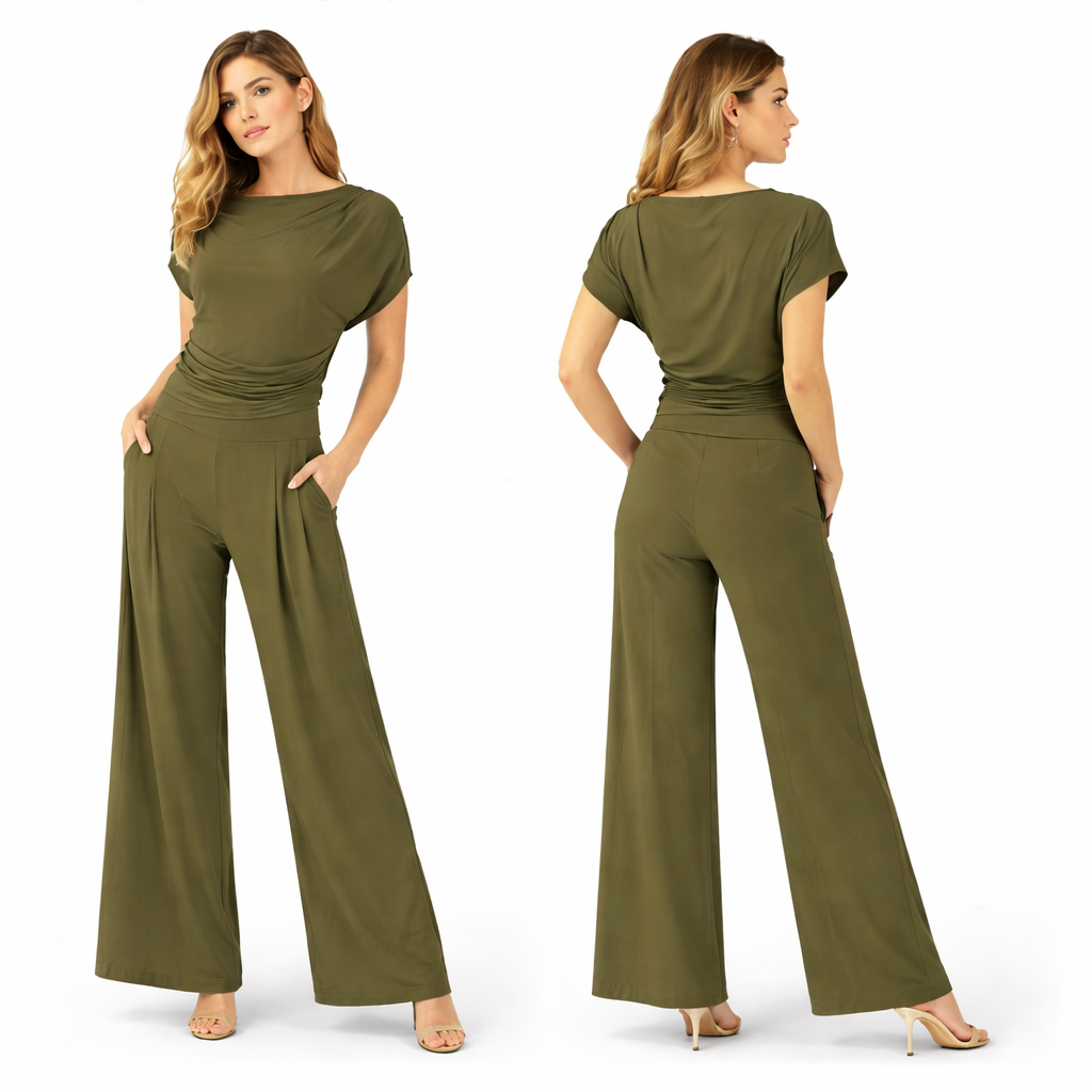 Ensemble femme haut drapé manches courtes et pantalon large taille haute coupe fluide confortable