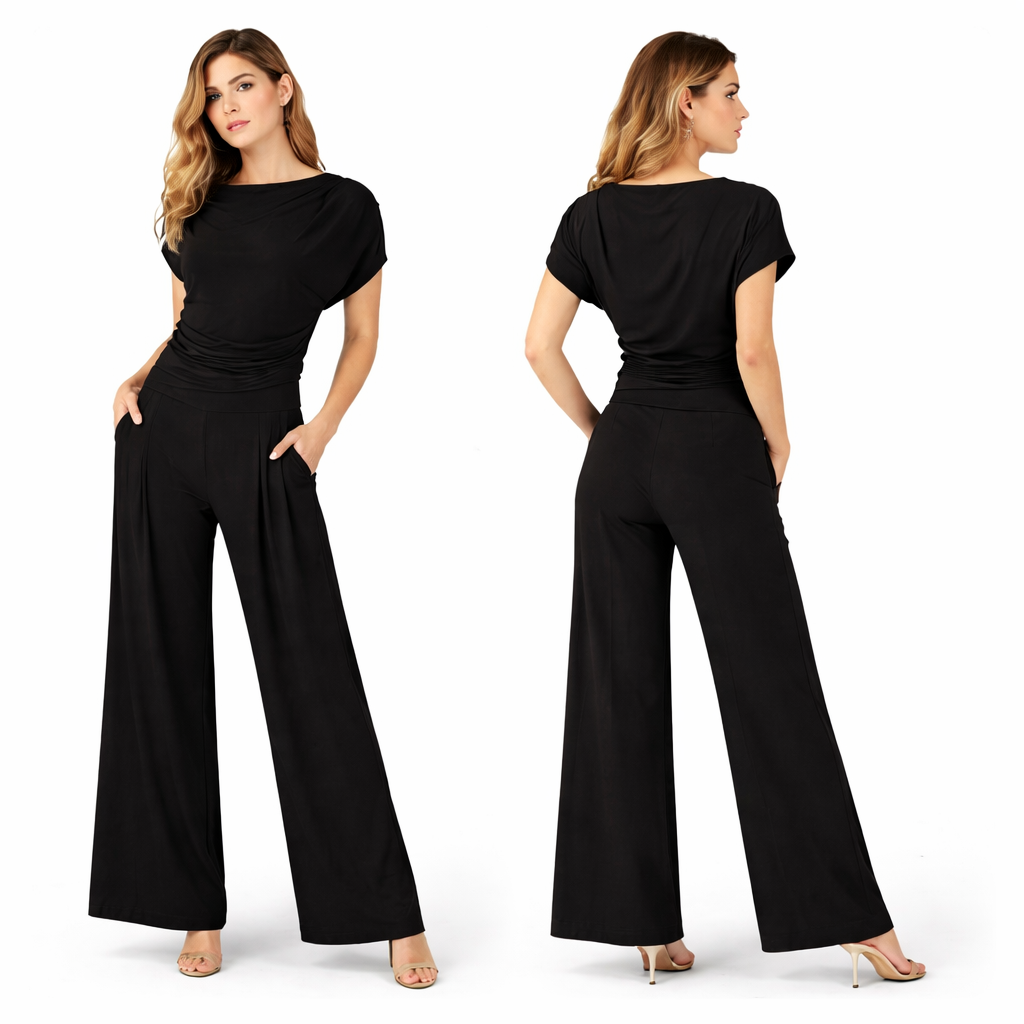 Ensemble femme haut drapé manches courtes et pantalon large taille haute coupe fluide confortable
